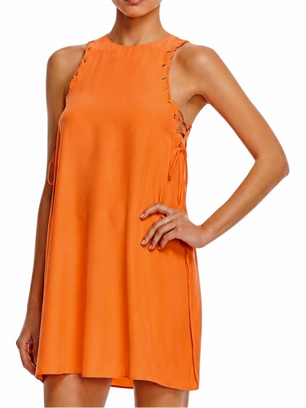 100% Silk Amanda Uprichard Allegra Lace Up Side Keyhole Shift Dress Coral Orange